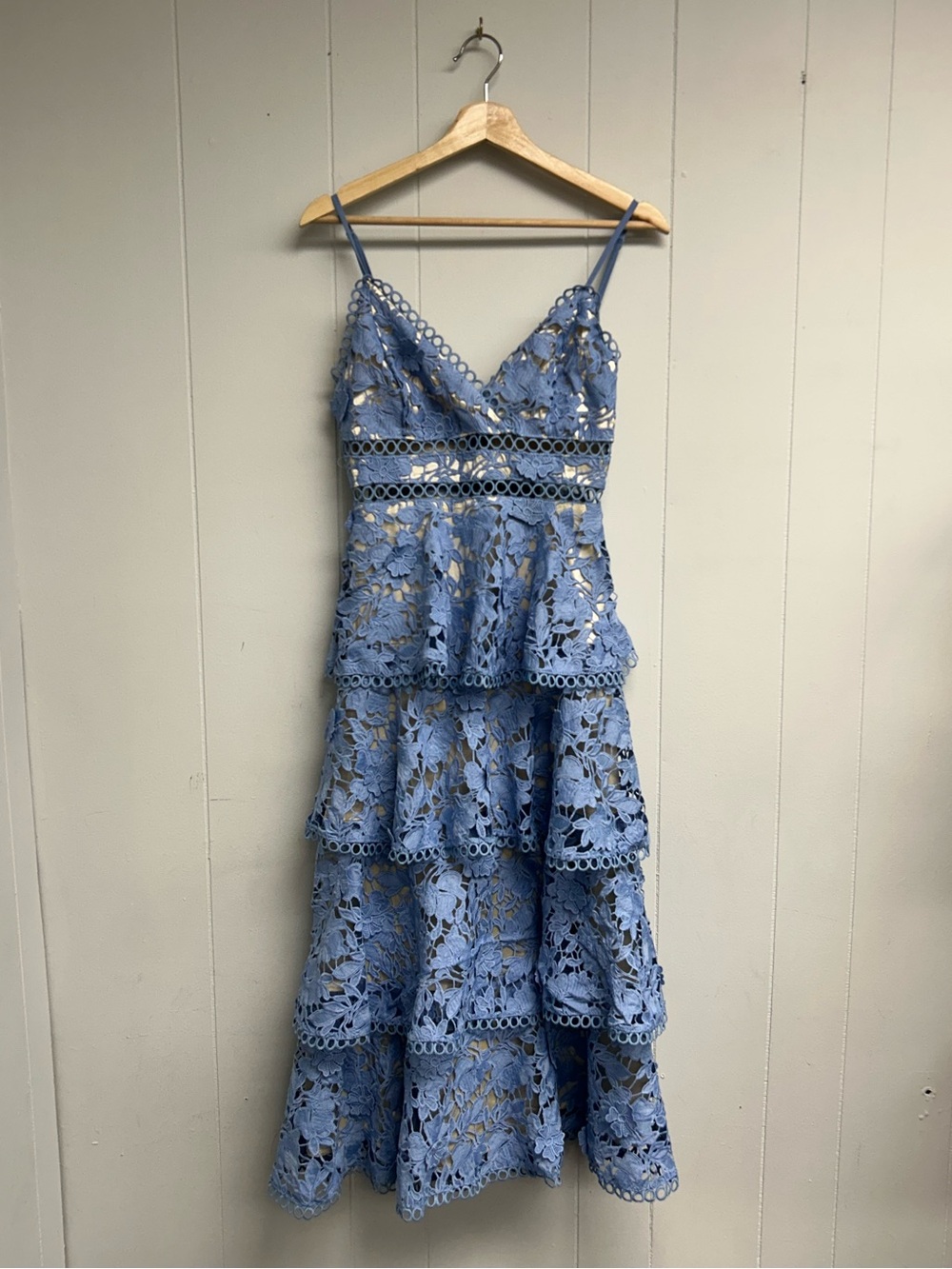 Just Me Light Blue Lace Tiered Midi Dress